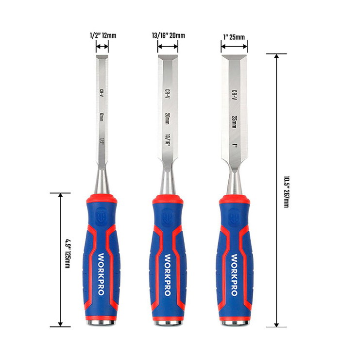 Workpro Jeu de 3 ciseaux à bois, lames acier chrome-vanadium, 12/20/25 x 267 mm, ergonomique rouge et bleu