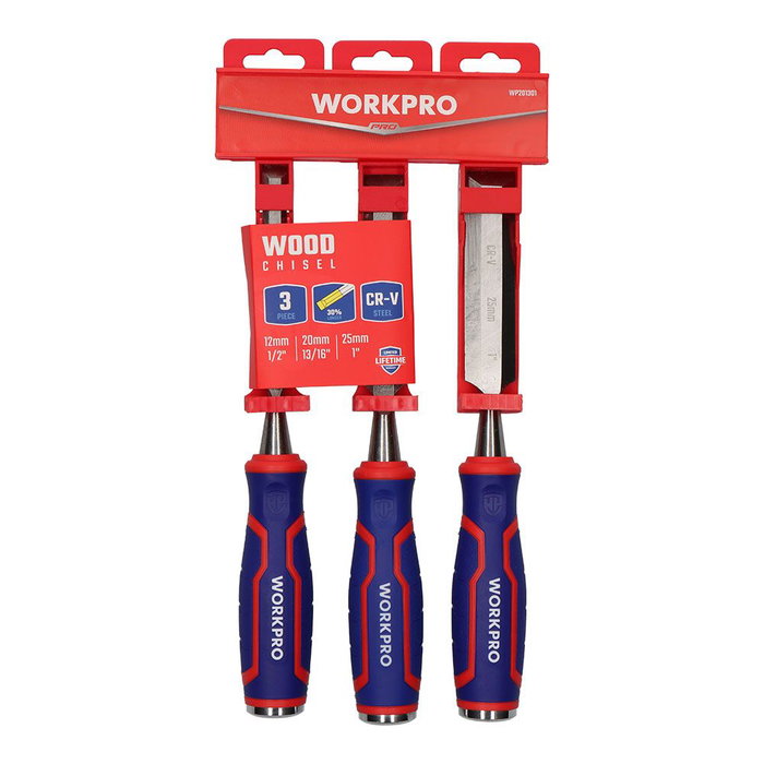 Workpro Jeu de 3 ciseaux à bois, lames acier chrome-vanadium, 12/20/25 x 267 mm, ergonomique rouge et bleu
