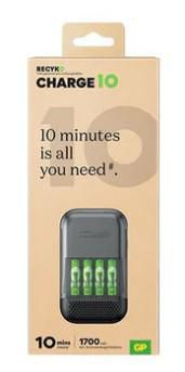 GP Charge 10 Chargeur Ultra-Rapide avec 4 Piles Rechargeables AA 1700mAh NiMH - Recharge en 10 Minutes, Mode Eco, Affichage LED, Compatible AA/AAA