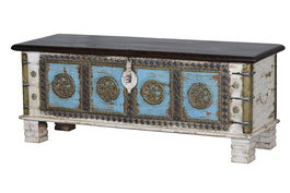 GINER Y COLOMER Buffet en bois de manguier blanc vieilli et cerisier avec détails bleus et bronze - 116 x 40 x 45 cm, grande capacité