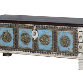 GINER Y COLOMER Buffet en bois de manguier blanc vieilli et cerisier avec détails bleus et bronze - 116 x 40 x 45 cm, grande capacité