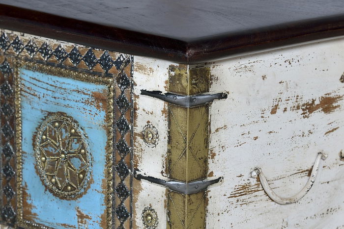 GINER Y COLOMER Buffet en bois de manguier blanc vieilli et cerisier avec détails bleus et bronze - 116 x 40 x 45 cm, grande capacité