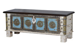 GINER Y COLOMER Buffet en bois de manguier blanc vieilli et cerisier avec détails bleus et bronze - 116 x 40 x 45 cm, grande capacité