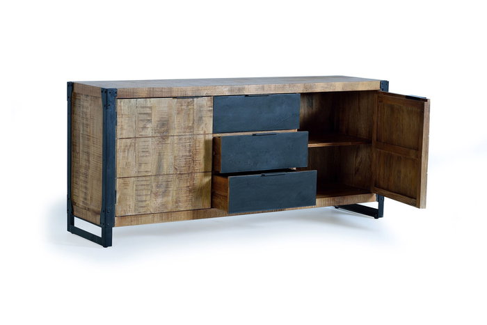 GINER Y COLOMER - Buffet 2 portes et tiroir en bois d'acacia et de manguier avec finition naturelle et métal noir - 80x180x45 cm