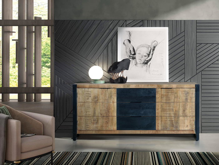 GINER Y COLOMER - Buffet 2 portes et tiroir en bois d'acacia et de manguier avec finition naturelle et métal noir - 80x180x45 cm