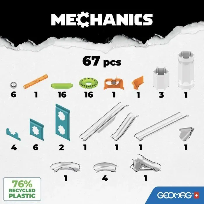 Geomag Circuit de billes Mechanics Gravity Race Track, 67 pièces magnétiques pour construction par gravité, en plastique recyclé, jeu éducatif pour enfants 8 ans et plus