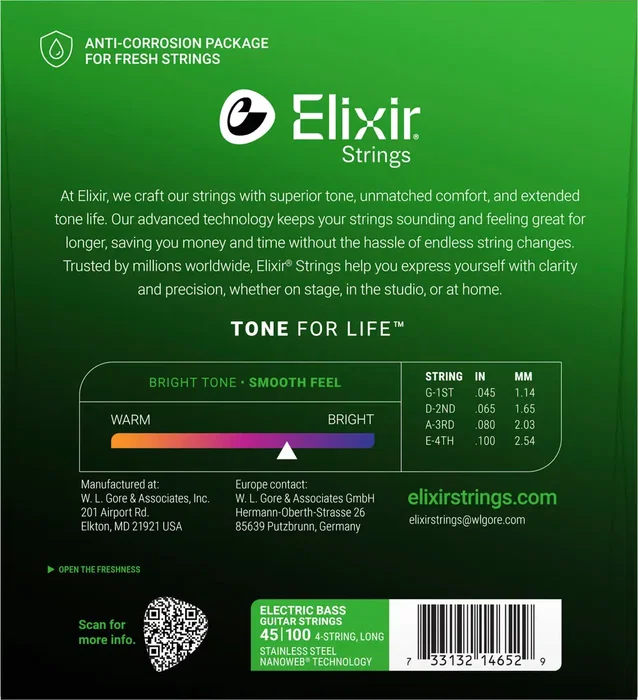 ELIXIR Jeu de cordes Nanoweb S.Steel pour basse CL 45-100 ELIXIR Jeu de cordes Nanoweb S.Steel pour basse CL 45-100