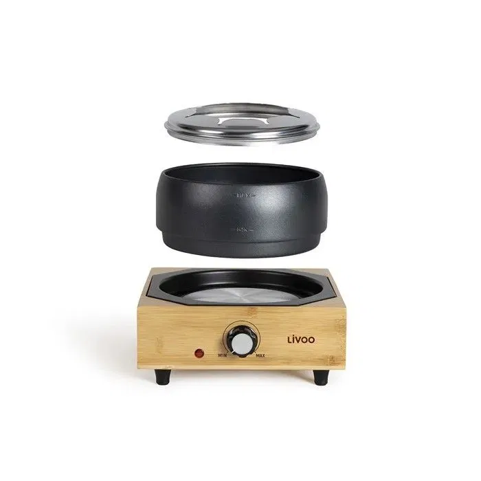Livoo DOC287 - Appareil à fondue électrique 800W 2L pour 8 personnes avec thermostat ajustable et caquelon antiadhésif sans PFAS - Support bambou inclus