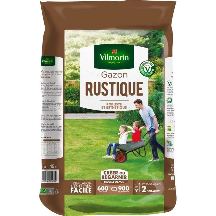 Vilmorin - Semences de gazon rustique - 15 kg - Pour semer jusqu'à 600 m² ou regarnir 900 m²
