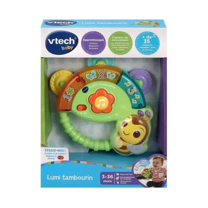 Vtech Tambourin Lumi VTech Baby - Jouet d'éveil musical lumineux interactif avec chiffres, sons, chansons, bouton Fleur et capteur de mouvement pour bébé