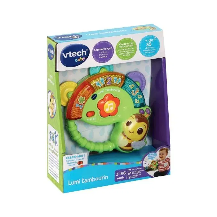 Vtech Tambourin Lumi VTech Baby - Jouet d'éveil musical lumineux interactif avec chiffres, sons, chansons, bouton Fleur et capteur de mouvement pour bébé