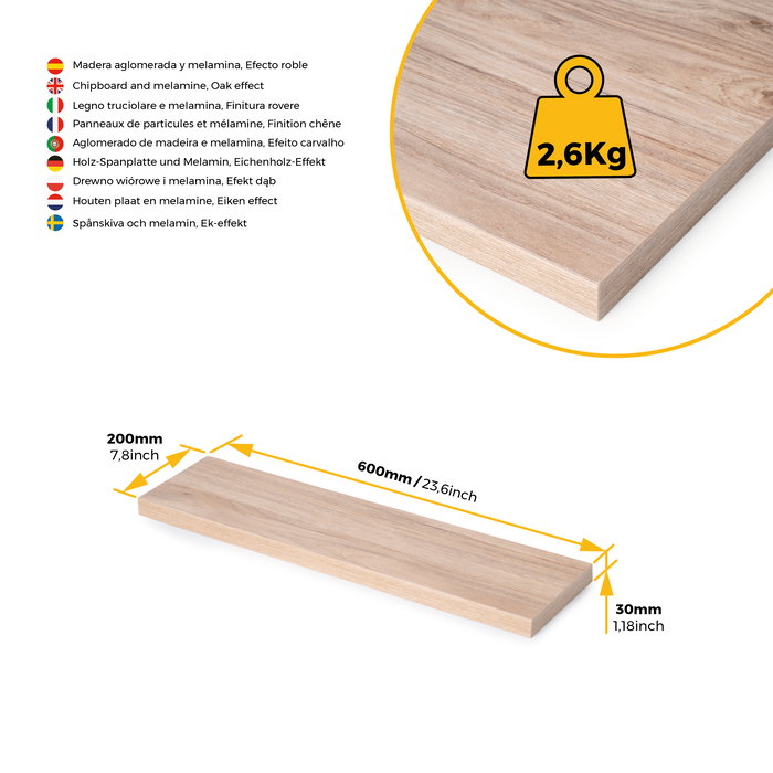 Emuca Plateaux pour étagères, 600x200, Finition chêne, Bois