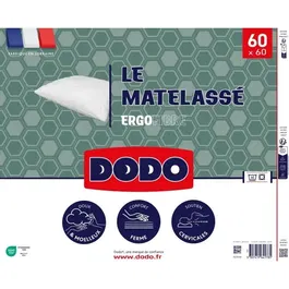 Dodo Oreiller Ergonomique Le Matelassé Blanc 60x60 cm - Soutien Ferme Cervicales - Taie Déhoussable