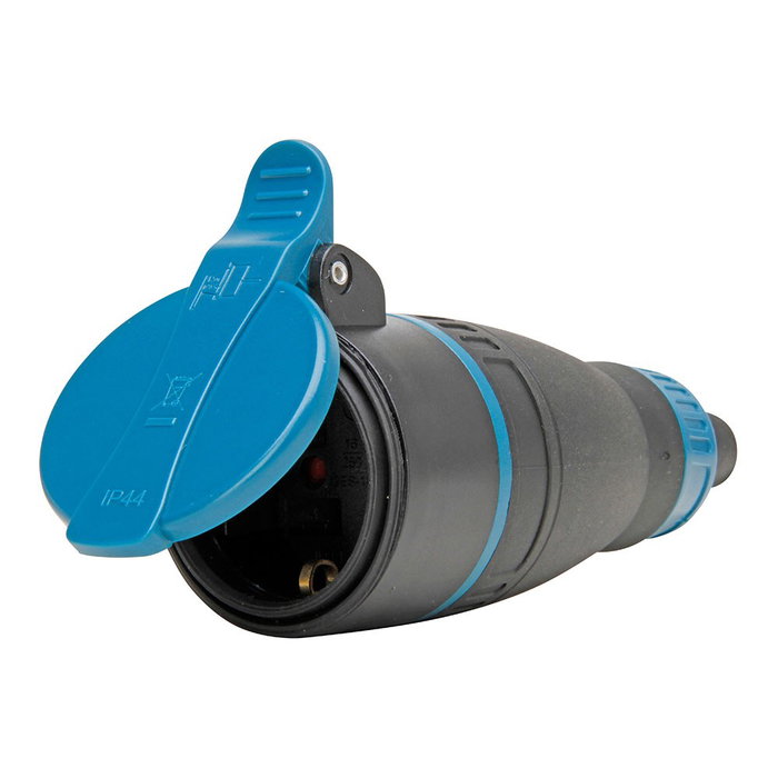 Kopp Base mobile bipolaire avec terre et capuchon bleu 16A 250V IP44 noire Kopp Base mobile bipolaire avec terre et capuchon bleu 16A 250V IP44 noire