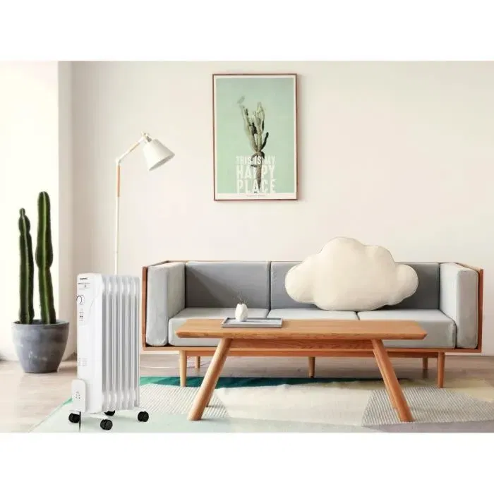 Oceanic Radiateur électrique bain d'huile - 1500W - 7 éléments - 3 puissances (600/900/1500 W) - Blanc - Mobile avec sécurité anti-renversement et enrouleur de cordon