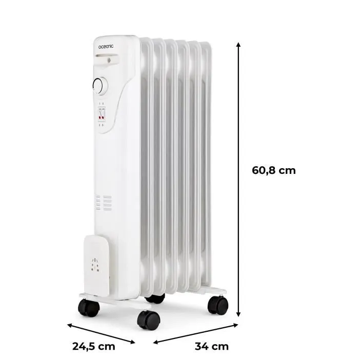 Oceanic Radiateur électrique bain d'huile - 1500W - 7 éléments - 3 puissances (600/900/1500 W) - Blanc - Mobile avec sécurité anti-renversement et enrouleur de cordon