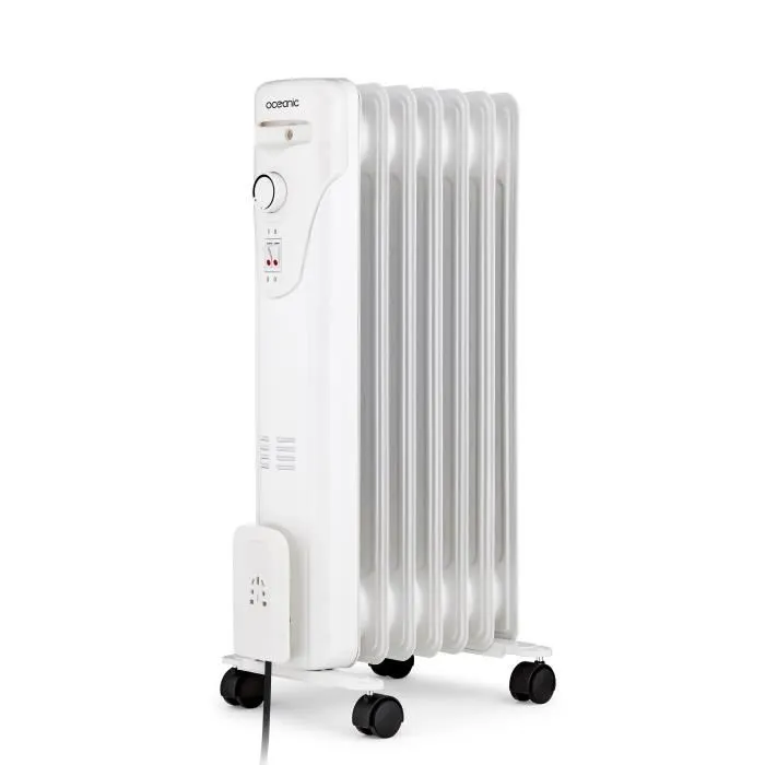 Oceanic Radiateur électrique bain d'huile - 1500W - 7 éléments - 3 puissances (600/900/1500 W) - Blanc - Mobile avec sécurité anti-renversement et enrouleur de cordon