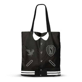 Karactermania - Bolsa de la compra shopping miércoles varsity - Sac de courses réutilisable en coton - Noir - Dimensions 40 x 34 x 1 cm