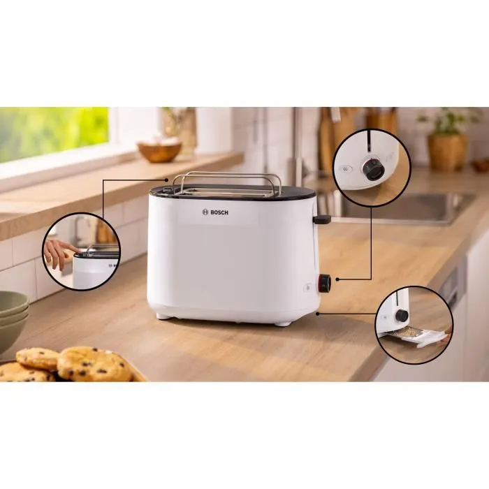 Bosch TAT2M121 MyMoment Toaster Blanc 2 Tranches - Fonctions Décongélation et Réchauffage, Centrage Automatique du Pain, Chauffe-Viennoiserie Intégré