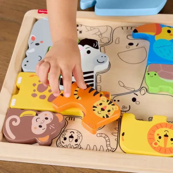 Fisher-Price JFG10 - Puzzle en Bois Animaux, 13 Pièces avec Calque, Développement Cognitif et Motricité - Jeu d'Éveil Enfant 24+ Mois