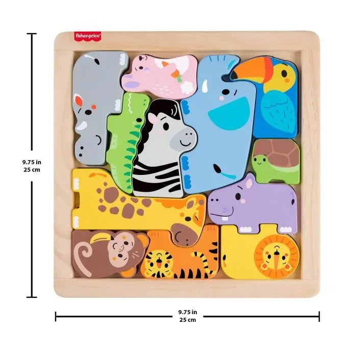 Fisher-Price JFG10 - Puzzle en Bois Animaux, 13 Pièces avec Calque, Développement Cognitif et Motricité - Jeu d'Éveil Enfant 24+ Mois
