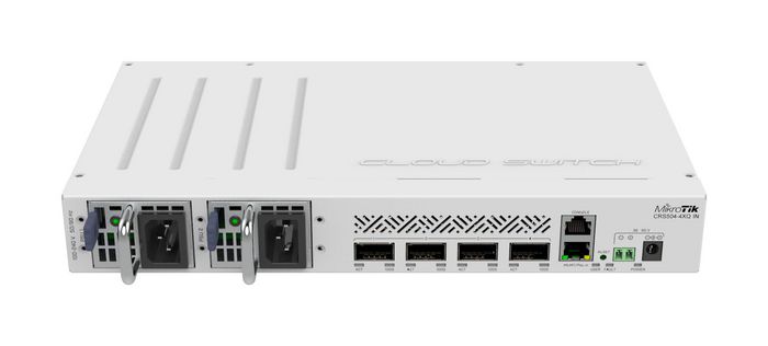 MikroTik CRS504-4XQ-IN Switch Ethernet 100 Gb/s - 4 ports QSFP28, Chipset Marvell DX4310, Compatible 25G/40G/100G, 25W, Montage mural