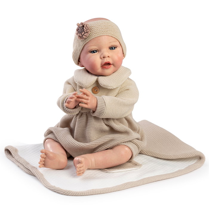Muñecas Guca Poupée Reborn Montessori Nuria 42 cm Sans Cheveux Tunique Beige avec Diadème et Couverture - Français et Espagnol