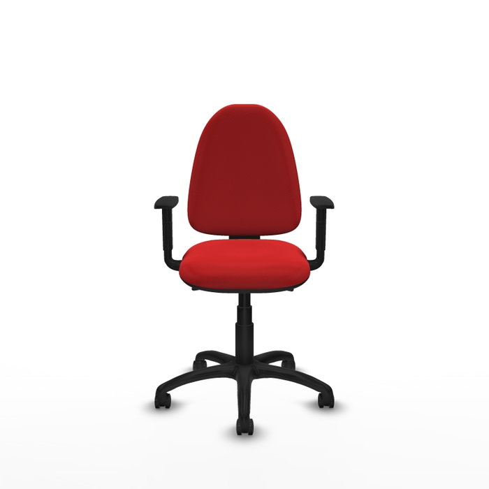 Chaise de bureau Aýna avec mécanisme asynchrone, revêtement en simili cuir rouge. Équipée d'une base en polyamide noir, d'accoudoirs 1D et de roulettes pour parquet