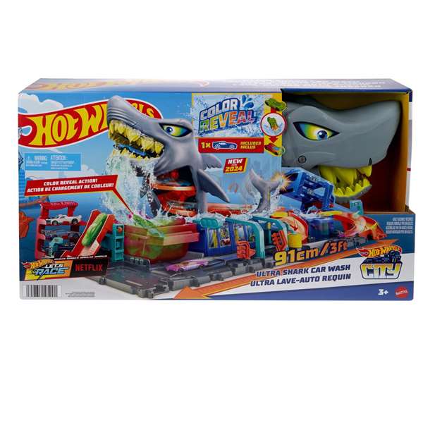 Mattel Hot Wheels City - Circuit avec tunnel de lavage et requin, inclut 1 voiture qui change de couleur avec l'eau Mattel Hot Wheels City - Circuit avec tunnel de lavage et requin, inclut 1 voiture qui change de couleur avec l'eau