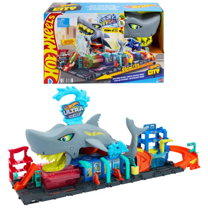 Mattel Hot Wheels City Station de Lavage avec Requin et Voiture Color Reveal