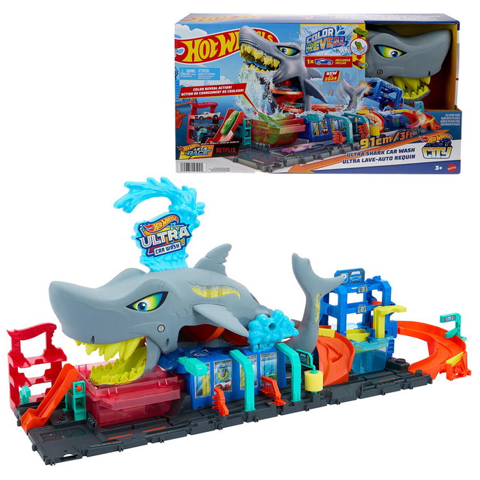 Mattel Hot Wheels City Station de Lavage avec Requin et Voiture Color Reveal