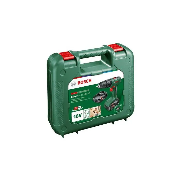 Bosch Perceuse-visseuse à percussion sans fil EasyImpact 18V-40 avec 2 batteries 1,5Ah et chargeur AL18V-20 dans malette de transport Bosch Perceuse-visseuse à percussion sans fil EasyImpact 18V-40 avec 2 batteries 1,5Ah et chargeur AL18V-20 dans malette de transport