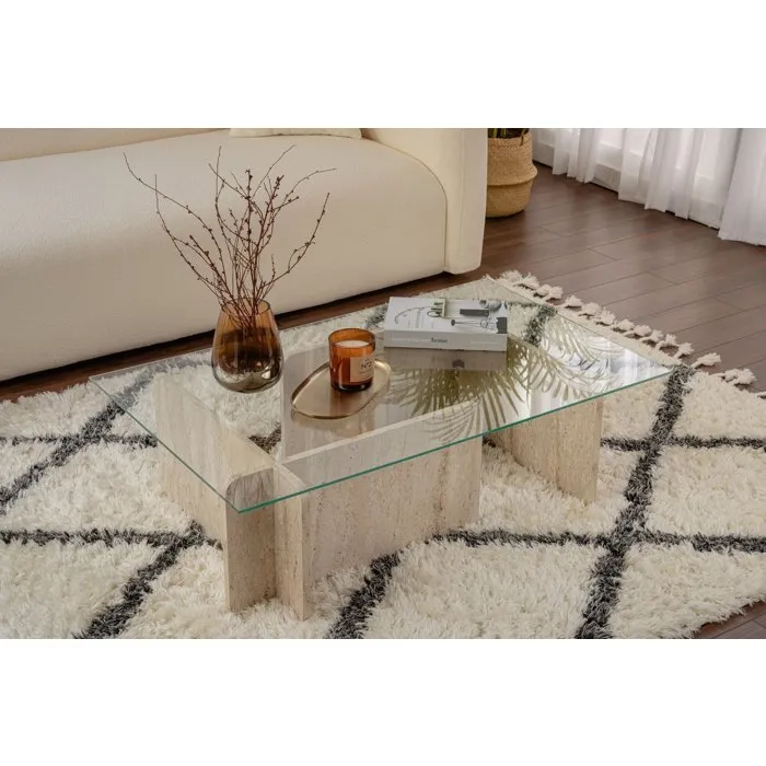 Table basse FLAVIO Travertine rectangulaire en verre trempé Table basse FLAVIO Travertine rectangulaire en verre trempé