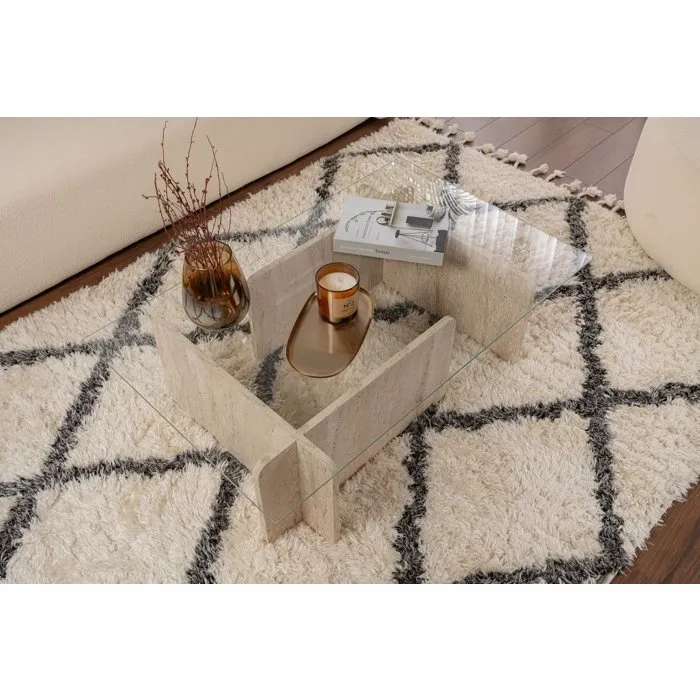Table basse FLAVIO Travertine rectangulaire en verre trempé Table basse FLAVIO Travertine rectangulaire en verre trempé