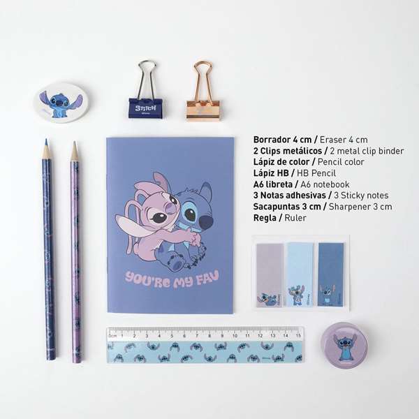 Cerdá Set de fournitures scolaires Stitch - 3 à 12 ans - Bleu - Boîte multilingue