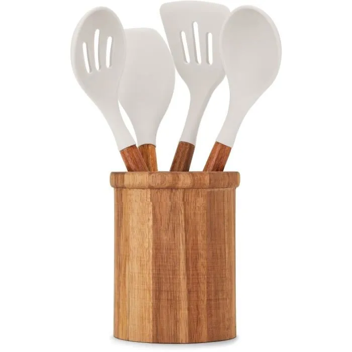 Livoo MES153G Set de 4 ustensiles de cuisine en silicone noir avec pot en acacia FSC 31 cm - Ustensiles spatule, cuillère, fouet Livoo MES153G Set de 4 ustensiles de cuisine en silicone noir avec pot en acacia FSC 31 cm - Ustensiles spatule, cuillère, fouet