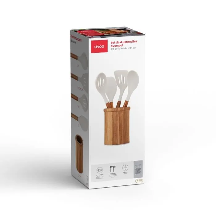 Livoo MES153G Set de 4 ustensiles de cuisine en silicone noir avec pot en acacia FSC 31 cm - Ustensiles spatule, cuillère, fouet Livoo MES153G Set de 4 ustensiles de cuisine en silicone noir avec pot en acacia FSC 31 cm - Ustensiles spatule, cuillère, fouet