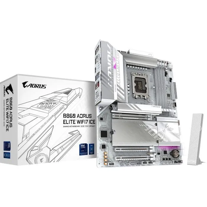 Carte mère GIGABYTE B860 AORUS ELITE WIFI7 ICE - Socket LGA 1851 pour Intel Core Ultra, DDR5 9200MHz, Wi-Fi 7, USB 4, 2.5 GbE LAN Carte mère GIGABYTE B860 AORUS ELITE WIFI7 ICE - Socket LGA 1851 pour Intel Core Ultra, DDR5 9200MHz, Wi-Fi 7, USB 4, 2.5 GbE LAN