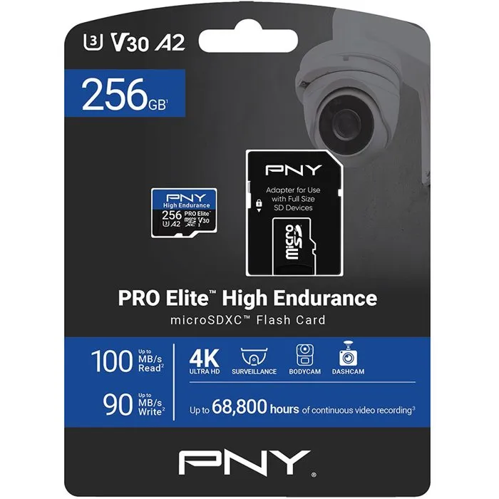 PNY Pro Elite High Endurance Carte mémoire microSDXC 256 Go UHS-I Class 10 U3 V30 A2 100 Mo/s - pour surveillance et caméras de sécurité
