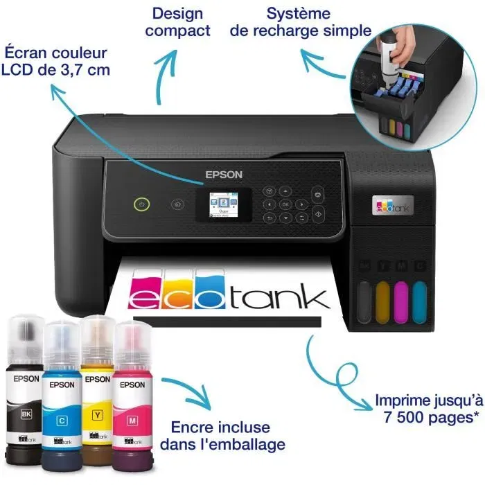 Epson EcoTank ET-2870 - Imprimante multifonction Wi-Fi A4 Noir - Réservoirs d'encre rechargeables - 3 ans d'encre inclus - 37,5 cm x 34,7 cm
