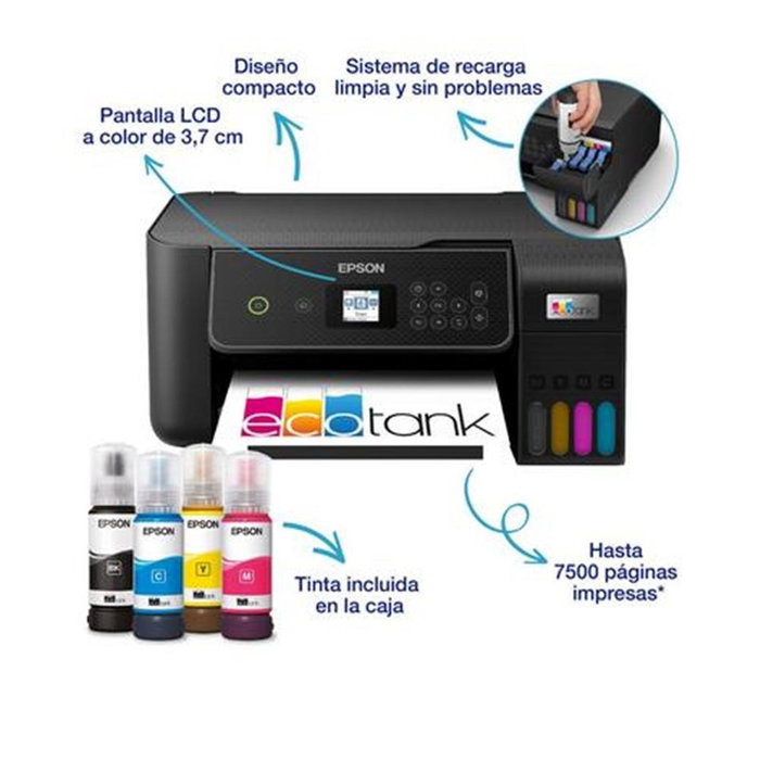 Epson EcoTank ET-2870 Imprimante Multifonction A4 Jet d'Encre Réservoir Remplissable Wi-Fi, Impression, Copie, Scan