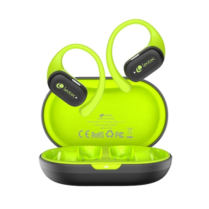 Leotec Open Air Zenith Sport - Écouteurs Bluetooth 5.4 sans fil, IPX5, 6.5h autonomie, Gris-Lime