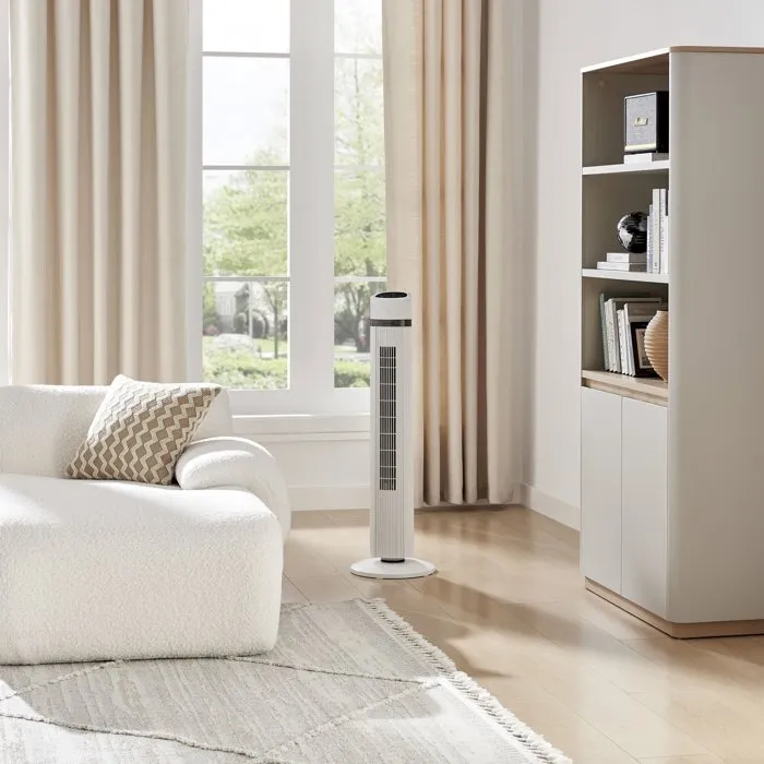 Oceanic Ventilateur sur Colonne Blanc - 45W, Hauteur 101 cm, 3 Modes (Normal/Naturel/Nuit), 3 Vitesses, Oscillation 90°, Minuterie 15h, LED, Poignée de Transport