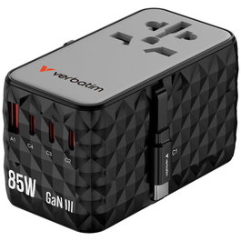 Verbatim CNT-02 Adaptateur de Voyage Universel GaN III 85W avec Câble USB-C Rétractable, 6 Ports de Charge (US/UK/EU/AUS), Noir