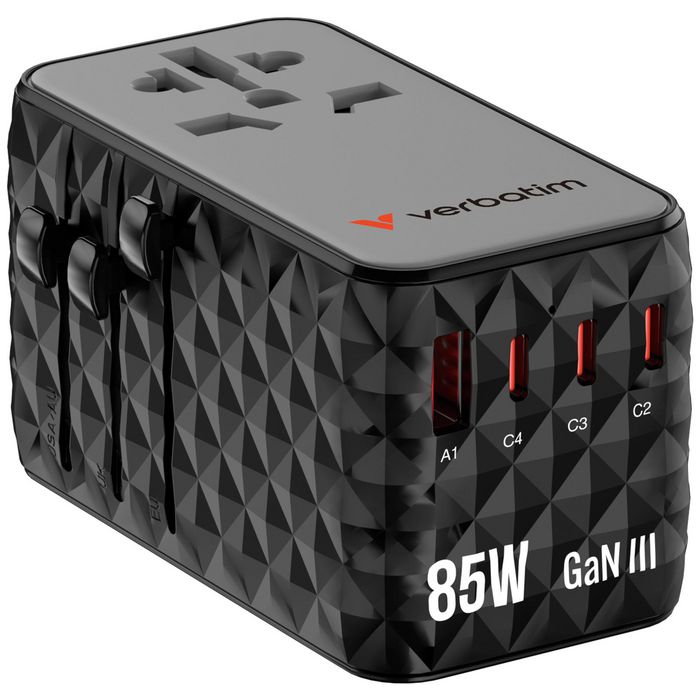 Verbatim CNT-02 Adaptateur de Voyage Universel GaN III 85W avec Câble USB-C Rétractable, 6 Ports de Charge (US/UK/EU/AUS), Noir