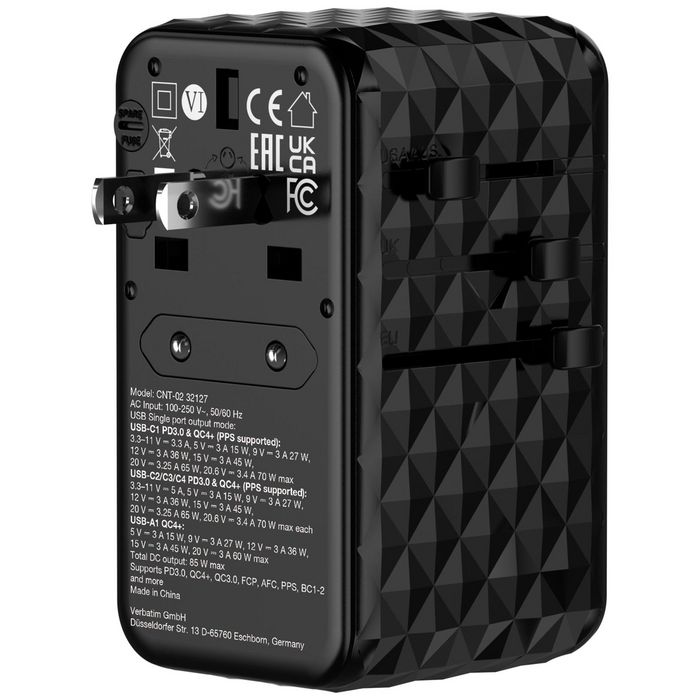 Verbatim CNT-02 Adaptateur de Voyage Universel GaN III 85W avec Câble USB-C Rétractable, 6 Ports de Charge (US/UK/EU/AUS), Noir