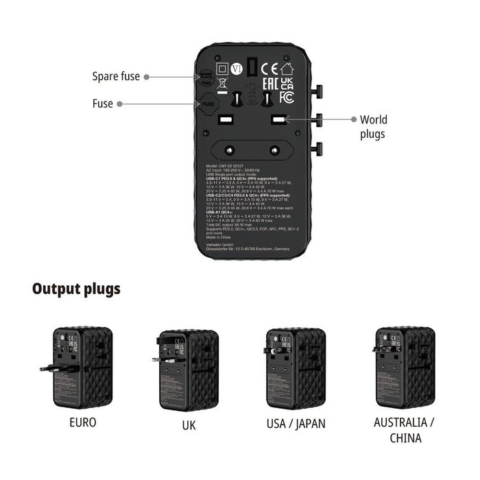 Verbatim CNT-02 Adaptateur de Voyage Universel GaN III 85W avec Câble USB-C Rétractable, 6 Ports de Charge (US/UK/EU/AUS), Noir