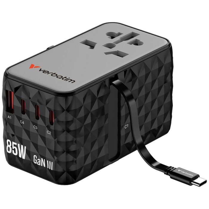 Verbatim CNT-02 Adaptateur de Voyage Universel GaN III 85W avec Câble USB-C Rétractable, 6 Ports de Charge (US/UK/EU/AUS), Noir