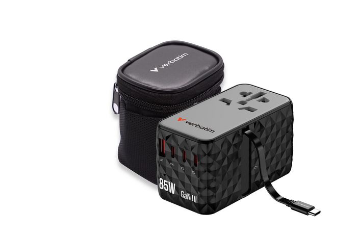 Verbatim CNT-02 Adaptateur de Voyage Universel GaN III 85W avec Câble USB-C Rétractable, 6 Ports de Charge (US/UK/EU/AUS), Noir