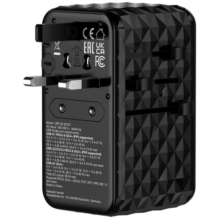 Verbatim CNT-02 Adaptateur de Voyage Universel GaN III 85W avec Câble USB-C Rétractable, 6 Ports de Charge (US/UK/EU/AUS), Noir